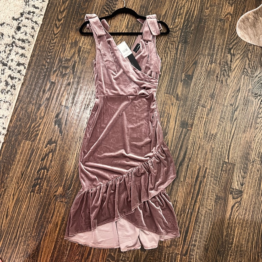 Lucy Paris Velvet Faux Wrap Midi Dress Shoulder Bow Ruffle